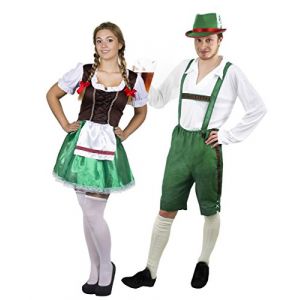 D&eacute;guisement accessoires pour couple adulte de Bavarois avec pour l'Homme S. une salopette verte courte + un haut blanc + un chapeau vert et pour la Femme L. une jupe verte et marron + des bas blancs (ILFD GROUP LTD, neuf)