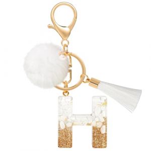 MWOOT Porte Clé Lettre H Peluche Tassel, Initial Résine Personnalisé Keychain Or Blanc, Porte Clef Lettre Pendentif Décoratif, Kawaii Porte Clef Voiture Charm, Idee Cadeau D'Anniversaire pour Femme (vetpw, neuf)