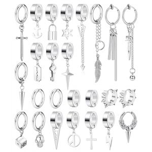 Diamday 25Pcs Clip On Boucles D'oreilles pour Hommes Acier Inoxydable Croix Cha&icirc;ne Pendantes Boucles d'Oreilles Noir Huggie Hoop Non Perc&eacute;es Punk Gothique Kpop Faux Boucles d'Oreilles Argent (Diamday, neuf)