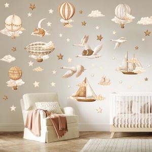 Wally Fox &ndash; Stickers Muraux pour D&eacute;coration de Chambre d&rsquo;Enfant &ndash; D&eacute;calcomanie pour Chambre de B&eacute;b&eacute; &ndash; D&eacute;coration pour Chambre de Fille &ndash; 62 Autocollants - Ballons, Animaux, &Eacute;toiles, Nuages - Marron (Mini Dekor, neuf)