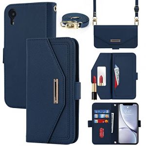 Cavor Coque Compatible avec iPhone XR Etui avec Cordon,Flip Portefeuille Étui Cuir,[5 Porte Cartes][Miroir][Magnétique][Réglable Collier] Housse - Bleu (Copmob, neuf)