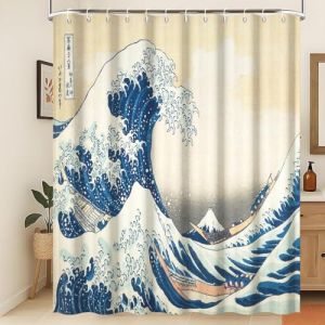 Xiaoterna Rideau de Douche Peinture Japonaise Traditionnelle Rideau de Douche Japonais Vagues oc&eacute;aniques Bateau en Bois avec Vagues de mer abstraites Rideau de Douche Lavable 180x180cm (Xiaoterna Store, neuf)