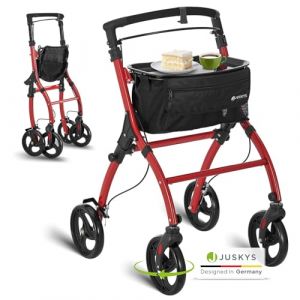 Juskys D&eacute;ambulateur d'Appartement en Aluminium avec Sac & Plateau - Rollator Int&eacute;rieur L&eacute;ger, &Eacute;troit & Pliable - Rouge (Juskys Gruppe GmbH, neuf)