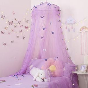 Temopow Ciel de lit violet à pétales avec lumière papillon colorée à suspendre pour lit double, lit d'enfant, lit jumeau, grand lit et très grand lit | Ciel de lit mignon et esthétique (JACO11, neuf)