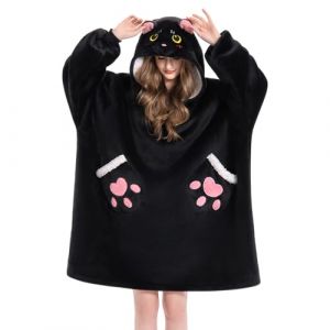 OLAOLA Sweat &agrave; Capuche Couverture Surdimensionn&eacute;e Chat Noir pour Adultes, Pull Plaid &agrave; Capuche en Polaire Sherpa avec Manches et Poches, Sweat Plaid Doux et Chaud pour Femme Homme (pitgeem, neuf)