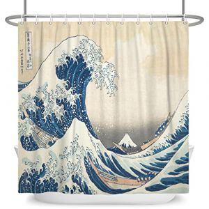 SDOTPMT 140x183cm Japonais Océan Vagues Rideau de Douche Résumé Mer Vague Bois Bateau Rideau de Bain Ukiyo-e Thème Fuji Mont Rideau de Baignoire pour Salle Bains Polyester avec Crochets (SDOTPMT, neuf)