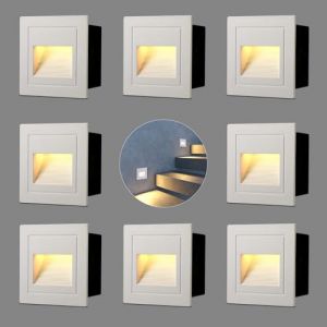 VivaLet 8 Pi&egrave;ces LED Escalier Int&eacute;rieure 3W 300LM, Lampe D'escalier 230V 3000K, Bo&icirc;tes Encastrable 68mm, Eclairage Escalier Exterieur IP65, 85 X 85mm, Applique Murale LED Encastr&eacute;e Aluminium Blanc (VivaLet-Store, neuf)