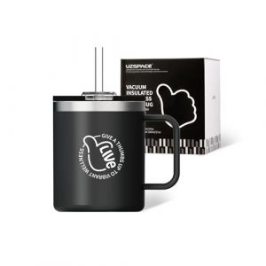 UZSPACE Mug Isotherme avec Poign&eacute;e - Tasse a Cafe 500ml - Mug Thermos pour Caf&eacute; Chaud et Boissons Froides - Tasse &agrave; Caf&eacute; R&eacute;utilisable avec Paille, Noir (UZSPACE Official Store, neuf)