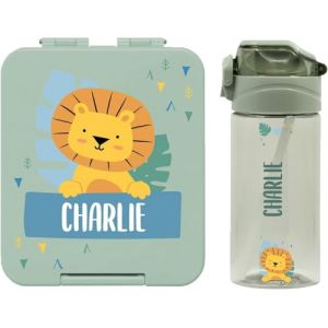 BIENMARQUER - Coffret avec gourde personnalisable pour enfants et boîte à goûter personnalisée en plastique pour enfants - Gourde avec paille, capacité 450 ml - 100% sans BPA (Vieux vert) (bienmarquer, neuf)
