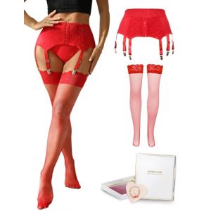 comeondear Porte-Jarretelles Sexy Femme Grande taille Dentelle avec Bas Autofixants R&eacute;sille Ensemble de Porte Jarretelle Transparent avec 6 Pince Jarreti&egrave;re Gu&ecirc;pi&egrave;re Vintage 2-Rouge+Bas,XL-XXL (ComeonDear, neuf)
