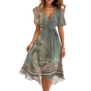 Robe Femme Chic et Elegant Mi Longue Fluide Vetement Ete Femme Boheme Ensemble Moulante Fleurie Manche Courte Chambre Printemps Robes de Plage Bal Soiree Invit&eacute;e Mariage D'&eacute;t&eacute;(A Army Green,Large) (QU-XINYU, neuf)