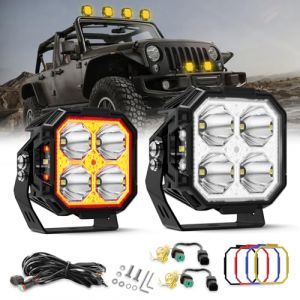 Braveway 3 Pouces Phare De Travail LED Carré avec Éclairage Latéral, 2PCS 70W 15000LM Longue Portée LED, 270 °Pods Flood Beam Projecteur Beam，Blanc Ambre pour Trucks Pickup Voiture Tracteur Moto (BraveWay, neuf)