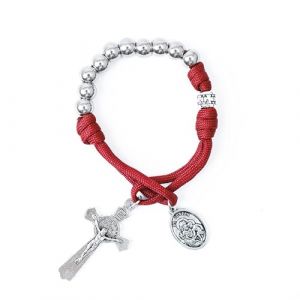 Nazareth Store Chapelet militaire olive en paracorde d'une décennie, perles en argent, chapelet de voiture de poche, priez pour nous, médaille Saint-Joseph et croix Saint-Benoît (Rouge) (Nazareth Market Store LTD, neuf)