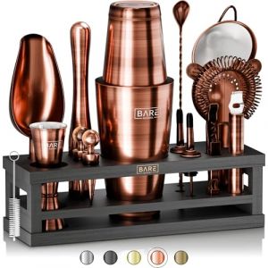 BARE BARREL&reg; Kit de fabrication de cocktails | 16 pi&egrave;ces pour barman | Pr&eacute;sentoir en bambou et 35 cartes de recettes | Coffret cadeau Mixology Cocktail (800 ml, shaker Boston, cuivre/noir) (Bare Barrel, neuf)