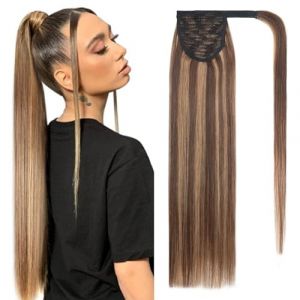 Benehair Extension Queue de Cheval Cheveux Natural, 95g Extension Queue de Cheval Cheveux Humain, Vrais Cheveu Wrap Around Extensions, Brun Chocolat Mix Brun Clair Cheval de Cheveux, 55CM #4P27 (fashion idol collection, neuf)