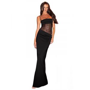 Sukiglam Robe Femme Sexy sans Manches Maxi Robes Transparente Dentelle Patchwork Chic Bretelles Spaghetti Col Carré Robe Longue Moulante Ete Elégant Dos Nu Robes de Soiree Cocktail Clubbing Fête (Sukiglam Store, neuf)