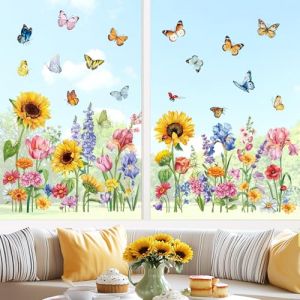 decalmile Autocollants Fen&ecirc;tre Fleur de Jardin Printemps Anti-Collision Stickers Papillon Iris Tournesol Stickers Vitre Anti-Adh&eacute;sifs Fen&ecirc;tre Porte Chambre D&eacute;calques (DecalMile Direct, neuf)
