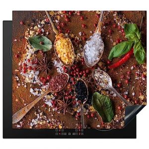 KitchenYeah© Protege Couvre Plaque De Cuisson Deco Cuisine Tapis Protection Protecteur Induction 59x51 cm Épices - Herbes - Cuillères - Sel - Marron - Cuisine (KitchenYeah, neuf)
