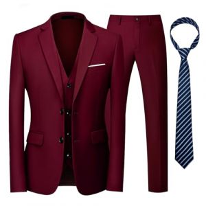 KUDORO Costume Homme 3 Pi&egrave;ces pour Mariage Business Slim Fit Smoking &agrave; Deux Boutons Blazer Veste et Pantalon Gilet avec Cravate(Bordeaux,XXL) (KUDORO, neuf)