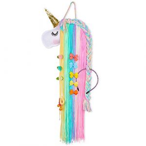Beinou Porte-Barrettes Licorne Support &agrave; Serre-T&ecirc;te Arc-en-Ciel avec Franges en Fil Organisateur de N&oelig;uds et Pinces &agrave; Cheveux D&eacute;coration &agrave; Th&egrave;me Licorne pour F&ecirc;te et B&eacute;b&eacute; Fille (YMEU, neuf)