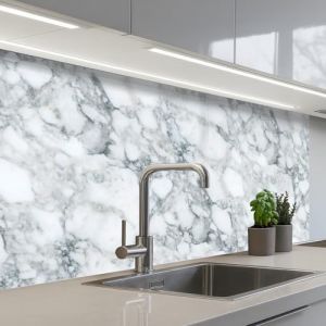 KitchenYeah© Crédence Cuisine À Coller 60x100 cm Protection Plaque De Cuisson Adhesif Plastique Rigide Dalle Murale Mosaïque - Marbre - Blanc - Irrégulier (KitchenYeah, neuf)