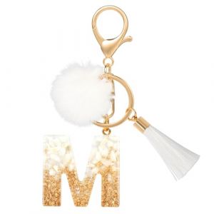 MWOOT M Porte Clé Lettre Peluche Tassel, Initial Résine Or Blanc Keychain Personnalisé, Porte Clef Lettre M Pendentif Décoratif, Porte Clef Kawaii Voiture Charm, Idee Cadeau D'Anniversaire pour Femme (vetpw, neuf)