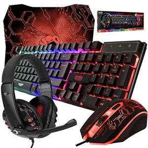 Orzly Kit de jeu Rx250 4 en 1 composé d’un clavier rétroéclairé RVB [disposition QWERTZ DE] d’une souris [jusqu'à 3200 DPI] d’un casque de jeu et d’un tapis de souris grand format, pour PC, Xbox, PS4 (Syntiga Europe - FR, neuf)