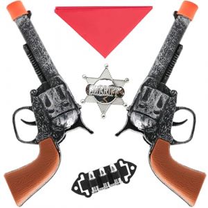 AYNKH 5 Pièces Kids Wild West Cowboy Sheriff Double Gun Set avec 2 Cowboy Toy Guns, Red Bandana, Bullet Clip et Sheriff Badge pour Role Play, Drama Performance, Dress Up Party (AYNKH., neuf)