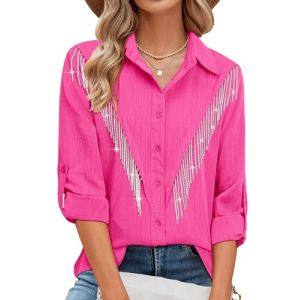 MYMORE Chemise boutonn&eacute;e avec Franges &agrave; Strass et Manches 3/4 pour Femme, pour Tenue de Cowgirl, Concert Nashville, Western, Rose (B_Pink), Taille L (MAOYUESHANGMAO, neuf)