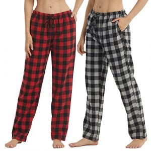 Lot de 2 Bas de Pyjama Femme en Flanelle &agrave; Carreaux Coton Ultra Doux Pantalon Pyjama Flanelle avec Poches, Gris &agrave; carreaux noirs + carreaux rouges (lot de 2), S (YUSHOW Sports, neuf)