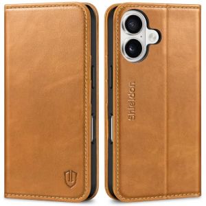 Shieldon Coque pour iPhone 16 5G, Housse Cuir Véritable Etui Portefeuille Rangements Cartes [RFID Blocage] Anti-Choc Protection Fonction Stand pour iPhone 16 (6,1 Pouces 2024) - Cuir Gras Brun Clair (TG-Global FR, neuf)
