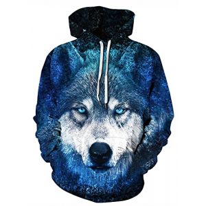 GLUDEAR Sweat &agrave; capuche pour homme avec imprim&eacute; graphique en 3D de la mythologie nordique des Vikings, Loup bleu tribal, Large (fcgfgr, neuf)