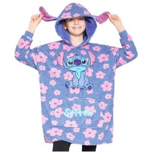 Disney Sweats à Capuche Fille, Pull Plaid Enfant, Pull Stitch, Poncho Plaid Oversize en Polaire Enfant Ado Taille Unique (Bleu Stitch Fleurs) (Get Trend., neuf)