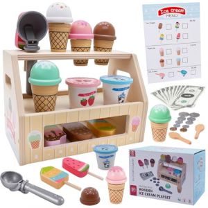 Jouet en Cr&egrave;me Glac&eacute;e pour Enfants Bois - Jeu de R&ocirc;le Marchande de Glace - Accessoire Cuisine Dinette avec Cornets et Argent - Jouet &Eacute;ducatif Montessori - Cadeau pour Fille et Gar&ccedil;on 3 4 5 6 Ans (chaungweiljiaju, neuf)