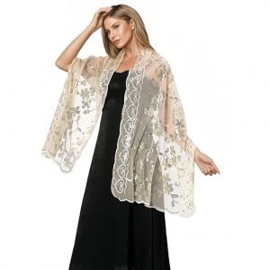 Proumhang Étole pailletée et châle en voile transparent pour robes de soirée. Couverture étincelante pour mariée, demoiselle d'honneur, robe Cheongsam 190cm x 60cm Beige (labellevie_NO1, neuf)