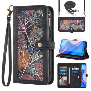 Asuwish Coque pour Huawei P Smart Z/Honor 9X Portefeuille avec Verre Tremp&eacute; et Cordon Porte Carte Chaine PU Cuir &agrave; Clapet Housse Support Hawaii Y9 Prime 2019 STK-L21 STK-LX1 T&eacute;l&eacute;phone Case Femme Noir (Asuwish YFCH UK Store, neuf)