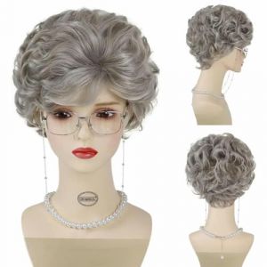 Perruque grise pour vieille dame, lunettes de grand-mère, collier de perles, 3 pièces/ensemble, perruque de cosplay pour grand-mère pour enfant, pour l'école de Noël, Thanksgiving Day-764-1set (xiandengwangluokeji, neuf)