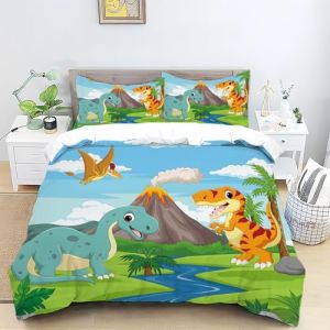 TKCQX Parure de Lit 200x200 Enfant Dinosaure Animé Housse de Couette 200x200 Animaux de La Jungle ImpriméE en 3D Sets de Housse de Couette Microfibre Douce pour GarçOns Filles Ado (TKCQX--欧盟R标, neuf)