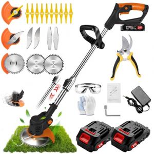 Débroussailleuse à batterie, coupe-bordures à batterie, débroussailleuse électrique avec 2 batteries 21 V 2,0 Ah et chargeur, coupe-bordures électrique avec lame en métal, pour les jardins domestiques (HUYUY HNG LIMITED, neuf)