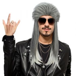 VGbeaty Hommes Femmes Longue Perruque Droite Gris et Argent Mulet 70 Ann&eacute;es 80 Disco Punk Rocker Perruque R&eacute;sistante &agrave; la Chaleur Fibre Synth&eacute;tique Douce Durable Halloween Costume Fancy Party (VGbeaty Store, neuf)
