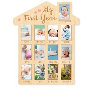 ORIGACH Tableau en bois pour la première année de naissance – Cadre photo de 12 mois pour nouveau-né – Cadre photo neutre pour souvenir de bébé – Décoration de fête d'anniversaire – Cadeau de nouvelle (ORIGACH FR, neuf)