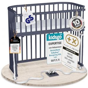 babybay Boxspring XXL lit cododo en Bois de h&ecirc;tre Massif/Compact et modulable/Hauteur du lit r&eacute;glable en continu/lit b&eacute;b&eacute; &eacute;volutif (Peint en Gris Ardoise) / avec Matelas, Barres, Roues (babybay, neuf)