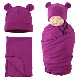 XIAOHAWANG Coton Couverture d'emmaillotage avec Bébé Chapeau de Nouveau Né Mignon Ours Naissance Couverture et Bonnet (Violet) (Xiaohawang Market, neuf)