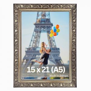 VictoR Vinci Cadre photo Vinci - 15 x 21 cm (A5) - Noir doré - Style vintage baroque - Baguette décorée 22 x 20 mm - Verre acrylique incassable - Dos en MDF - Pour format portrait et paysage (Victor_Store, neuf)