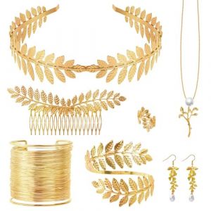 7 Pièces Déesse Grecque Costume, Couronne de Laurier, Bracelet Manchette, Boucles d'Oreilles Perle, Peigne À Cheveux Latéral, Bague, Collier et Bracelet Bras, Parure de Bijoux Femme pour Mariage (FANCY GINGER - UNIPESSOAL LDA*, neuf)