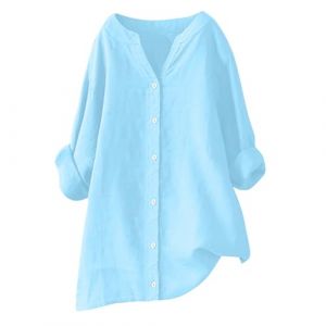 RLEHJN Chemise Femme Lin Tunique Femme Longue Chemisier Coton Et Lin Pour Femmes Col En V Bouton Manche Longue Tops Couleur Unie L&acirc;che Respirant Tunique Grande Taille Pas Cher Chemise De Travail Ample (⭐⭐⭐⭐⭐RLEHJN, neuf)