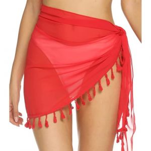 AOWVUTS Wrap de Plage de Femmes Sarong Couverture de Bikini Jupes Wrap Robe Courte Paréo de Plage Cache-Maillots Mini Jupe Transparente Maillot de Bain en Mousseline avec Franges (Foshan City Dange Auto Co., neuf)