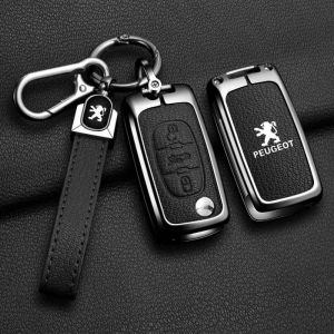 QYPLKJHG Coque de Clé de Voiture pour Peugeot RCZ 2010-2013, Housse de Protection Coque Clé avec Porte-Clés Coque Boîtier Clef de Telecommande Cuir Étui de Clé Carte Auto Accessoires,D-Black 1 (AALBB, neuf)
