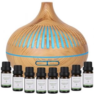 GeeRic Diffuseur d'huiles essentielles 500ML,8 * 10ML Huiles essentielles + Humidificateur &agrave; ultrasons Purificateur d'air Diffuseur d'ar&ocirc;me Huiles parfum&eacute;es N&eacute;buliseur 7 Couleurs LED Brun (GeeRicDirect, neuf)