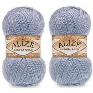 Alize Angora Gold Lot de 2 pelotes de fil &agrave; tricoter turc &agrave; la main 200 g 100 m 221 denim m&eacute;lang&eacute; (1LEAGUE, neuf)